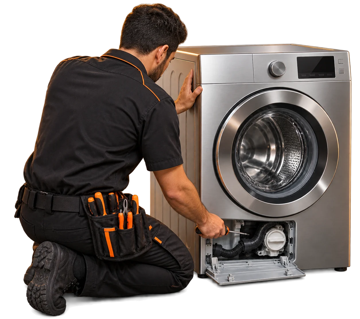 Técnico da Maxtec consertando uma máquina de lavar